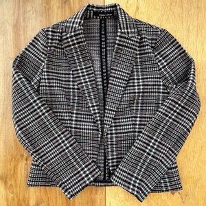 AMANDA & CHELSEA PLAID BLAZER JACKET Women’s sz S Black White Brown Long Sleeve